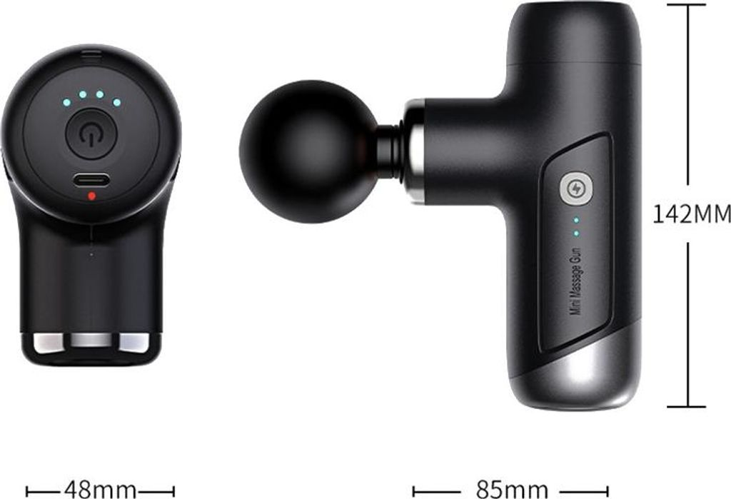 Schwarze Massagepistole mit Knopf, Ladeanzeige und USB-C-Anschluss.