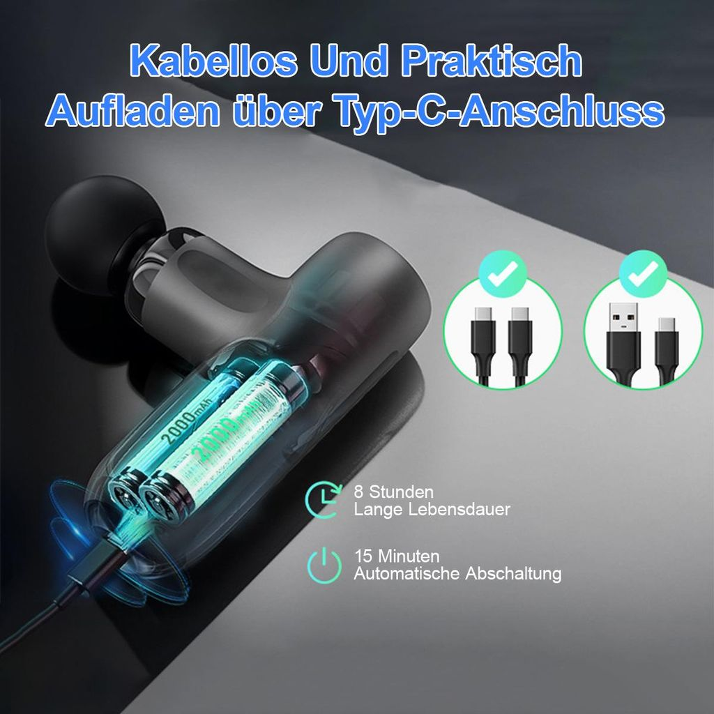Massagegerät mit 2000mAh Akku, Typ-C-Anschluss, 8h Laufzeit, 15min Abschaltung.
