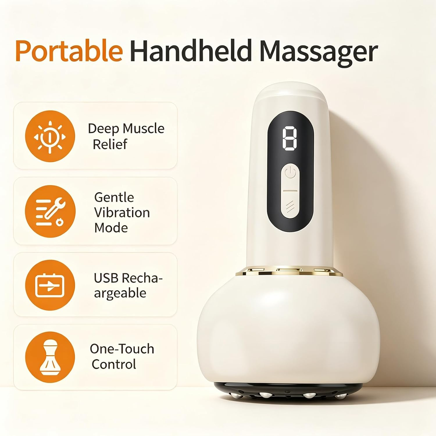 Ein weißer Handmassagegerät mit vier Funktionen: Tiefenmuskelentlastung, Vibration, USB-Aufladung, Ein-Knopf-Bedienung.