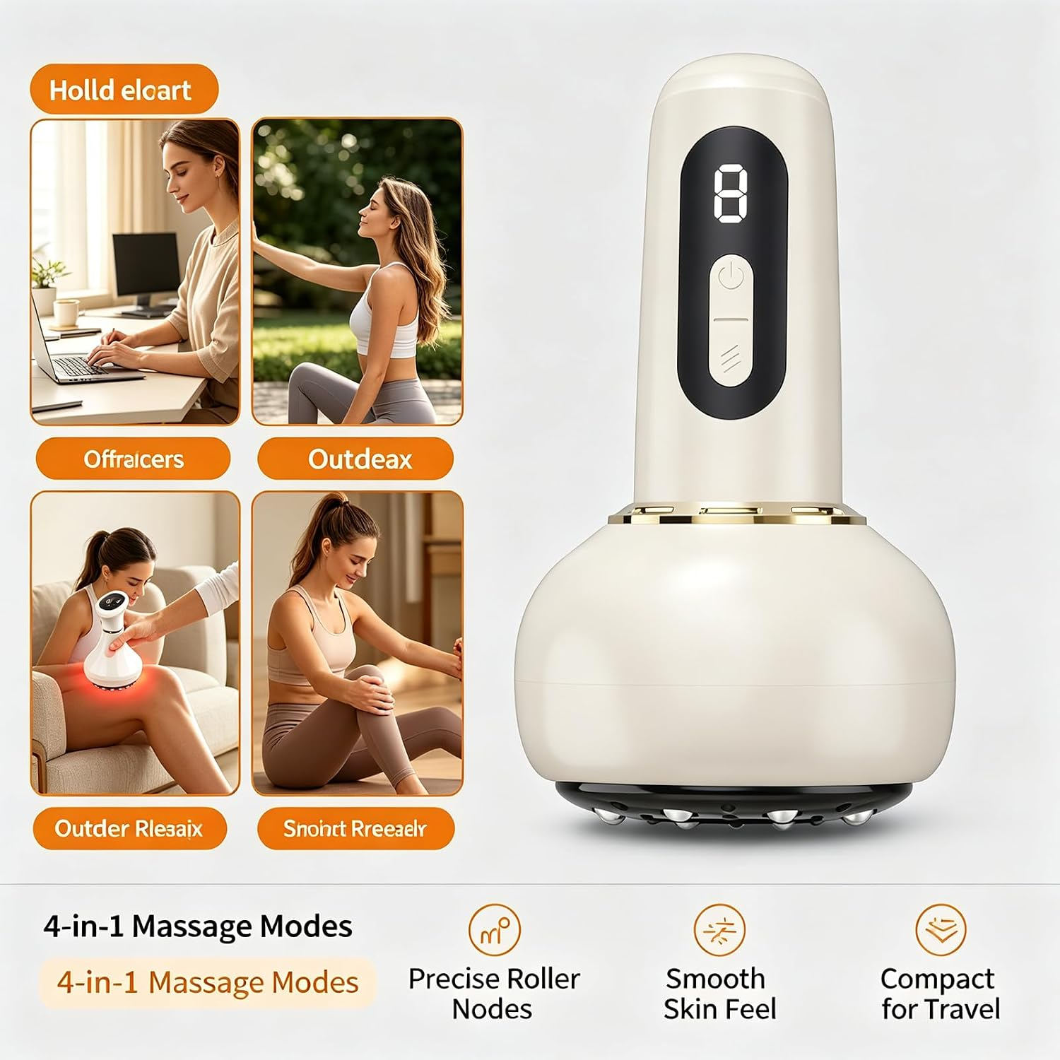 Eine Creme-farbene Massagepistole mit digitaler Anzeige und vier Anwendungsbildern.