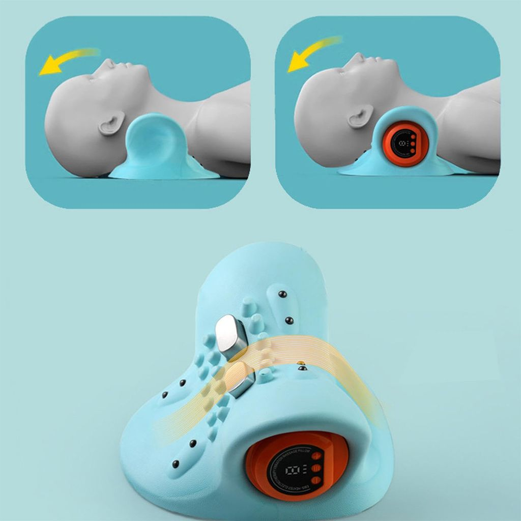 Blauer Nackenstütz mit Massagefunktion und digitalen Bedienelementen.