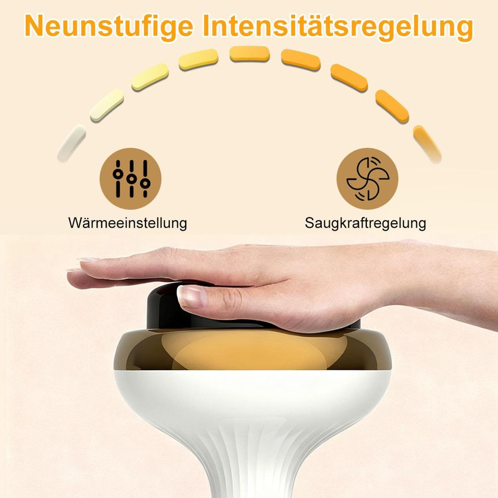 Hand drückt Knopf für neunstufige Intensitätsregelung, Wärme und Saugen.