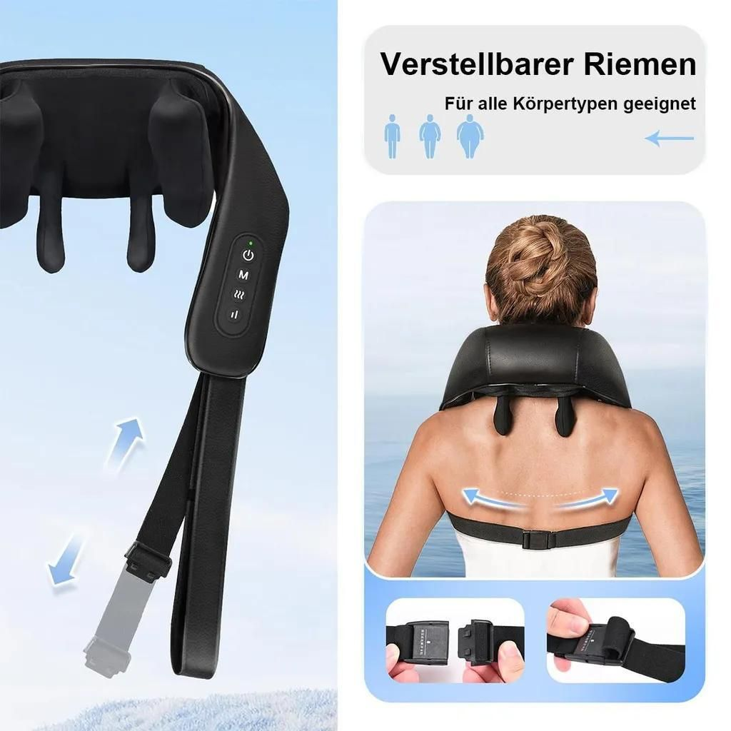 Schwarzer Nackenmassagegerät mit Bedienelementen und verstellbarem Gurt.