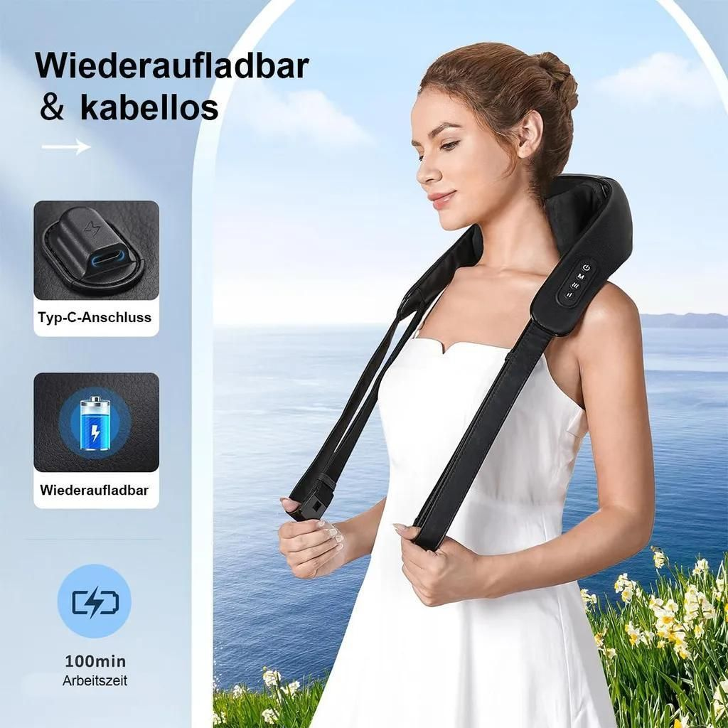 Frau mit Nackenmassagegerät, Typ-C-Anschluss, Akku & 100 Min Arbeitszeit.
