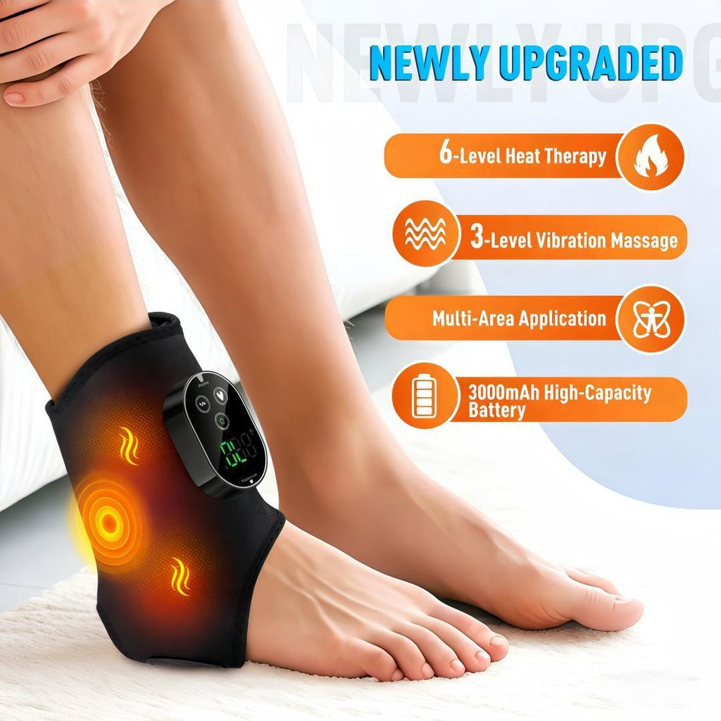 Ein Bein mit einer schwarzen Knöchelbandage mit digitalem Display und Wärme-/Vibrationssymbolen.