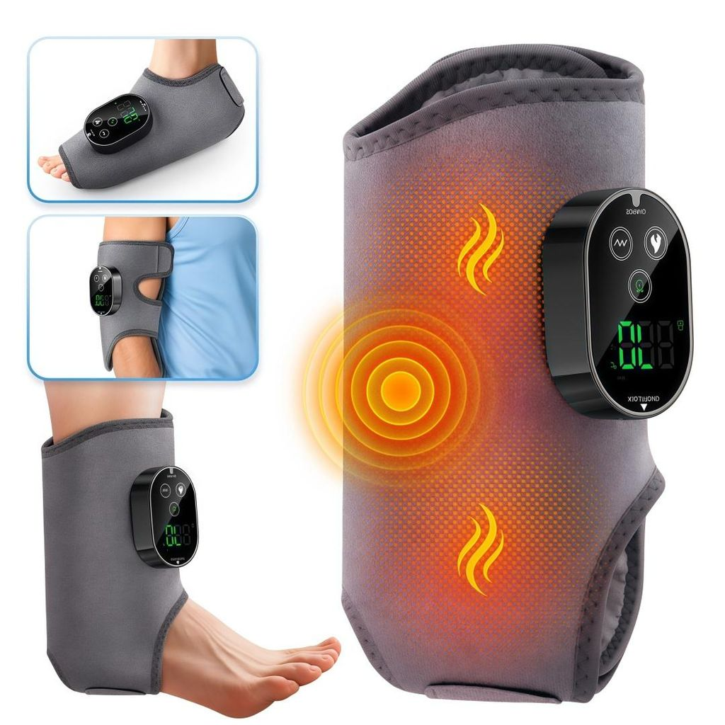 Ein grauer Bandagen-Stütz für Knöchel/Knie mit schwarzer Steuereinheit und digitaler Anzeige.