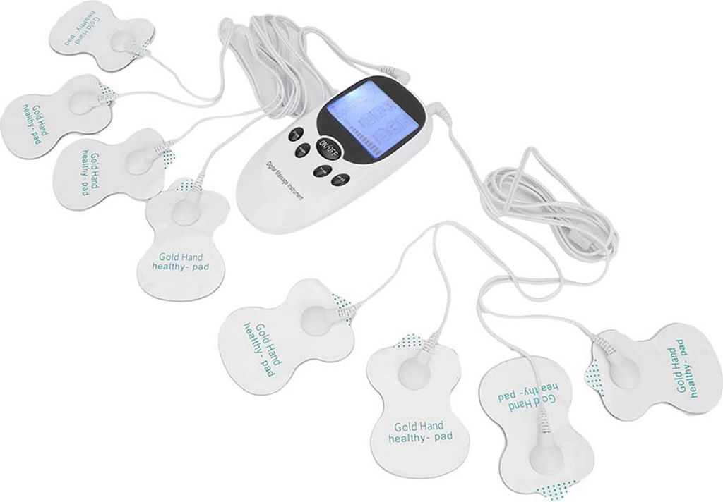 Ein weißes digitales Massagegerät mit blauem Bildschirm und mehreren angeschlossenen „Gold Hand healthy-pad“-Elektroden.