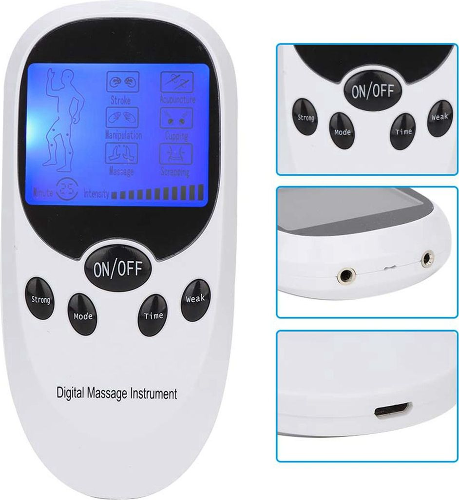 Digitales Massagegerät mit LCD-Anzeige, Tasten und Anschlüssen.