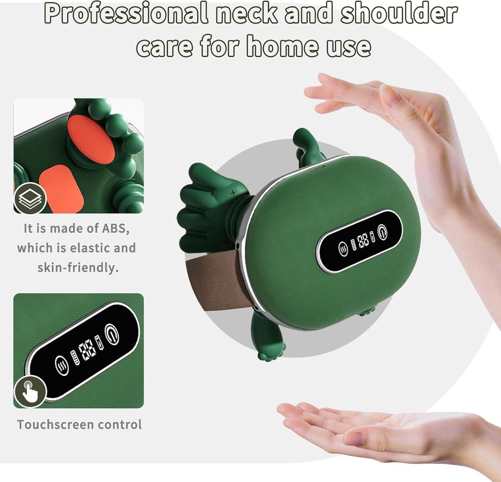 Grünes Nackenmassagegerät mit Händen, ABS-Material, Touchscreen-Bedienung.