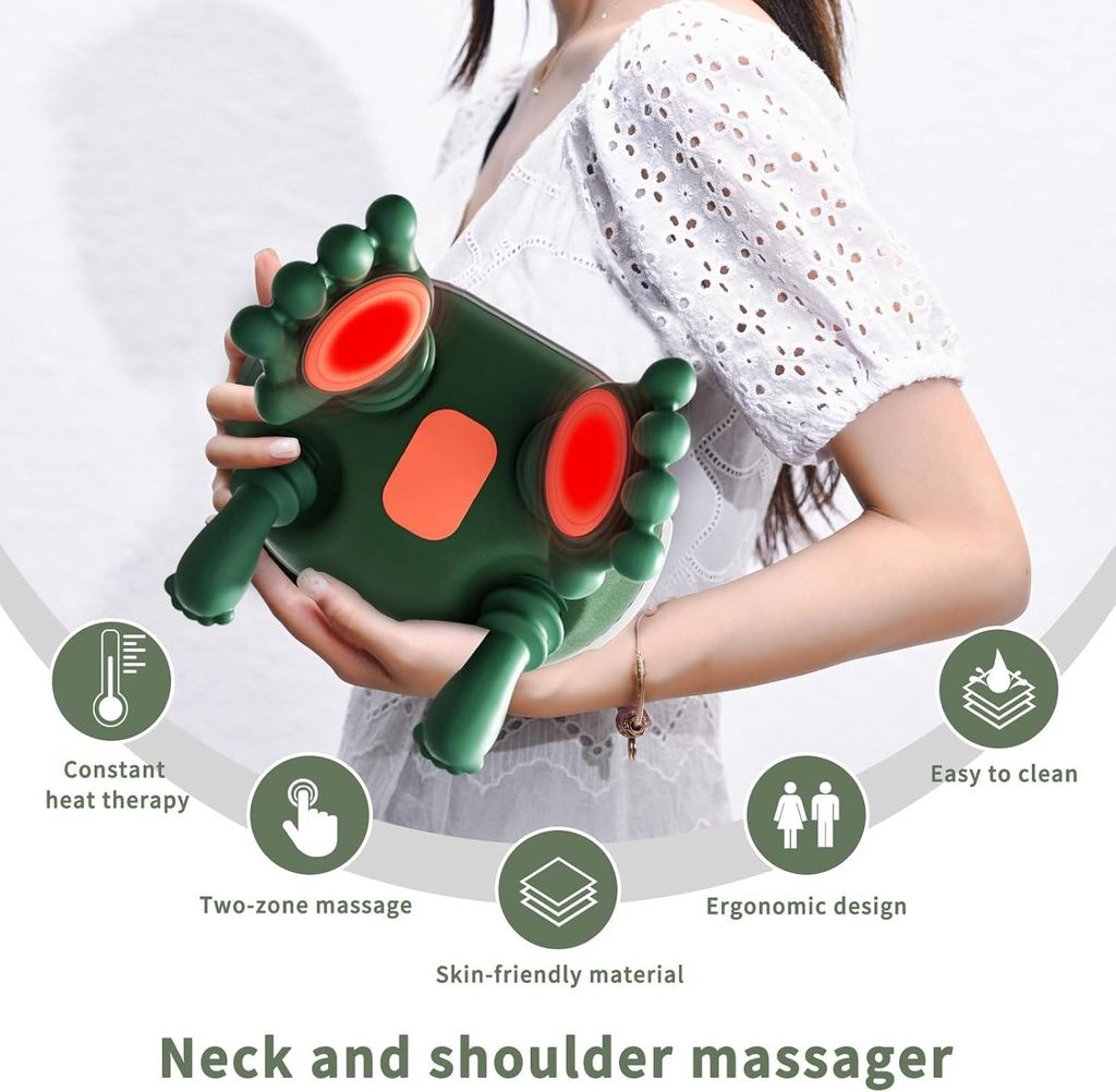 Frau hält grünen Nackenmassagegerät mit Wärme- und Massagefunktionen.