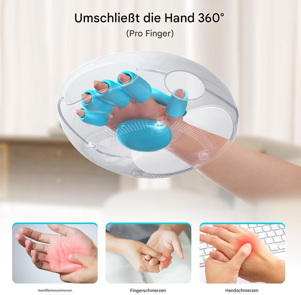 Handtraininggerät mit blauen Fingerschutz und Hand innen.