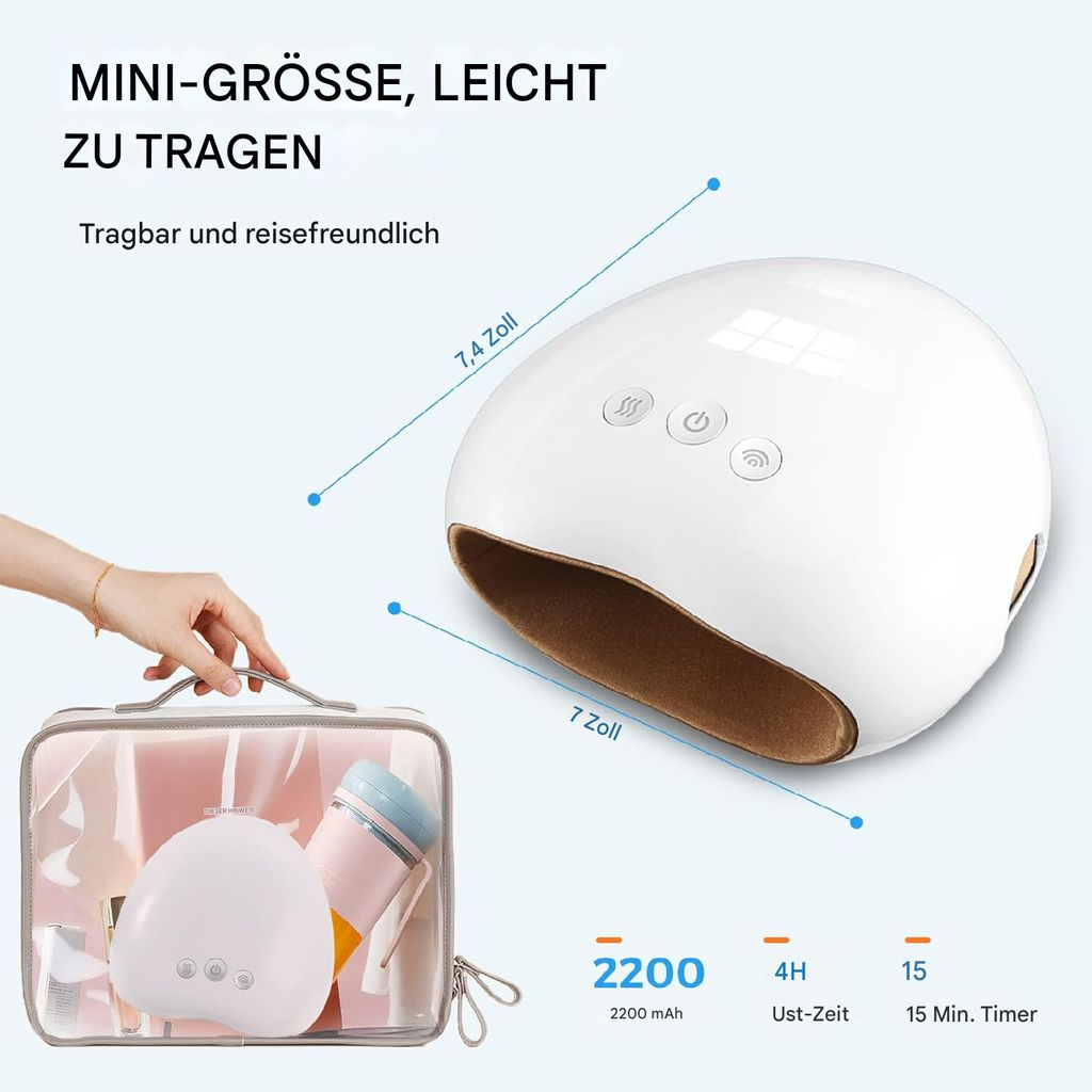 Weiße UV-Lampe für Nägel, 7,4x7 Zoll, in einer transparenten Tasche mit Zubehör.