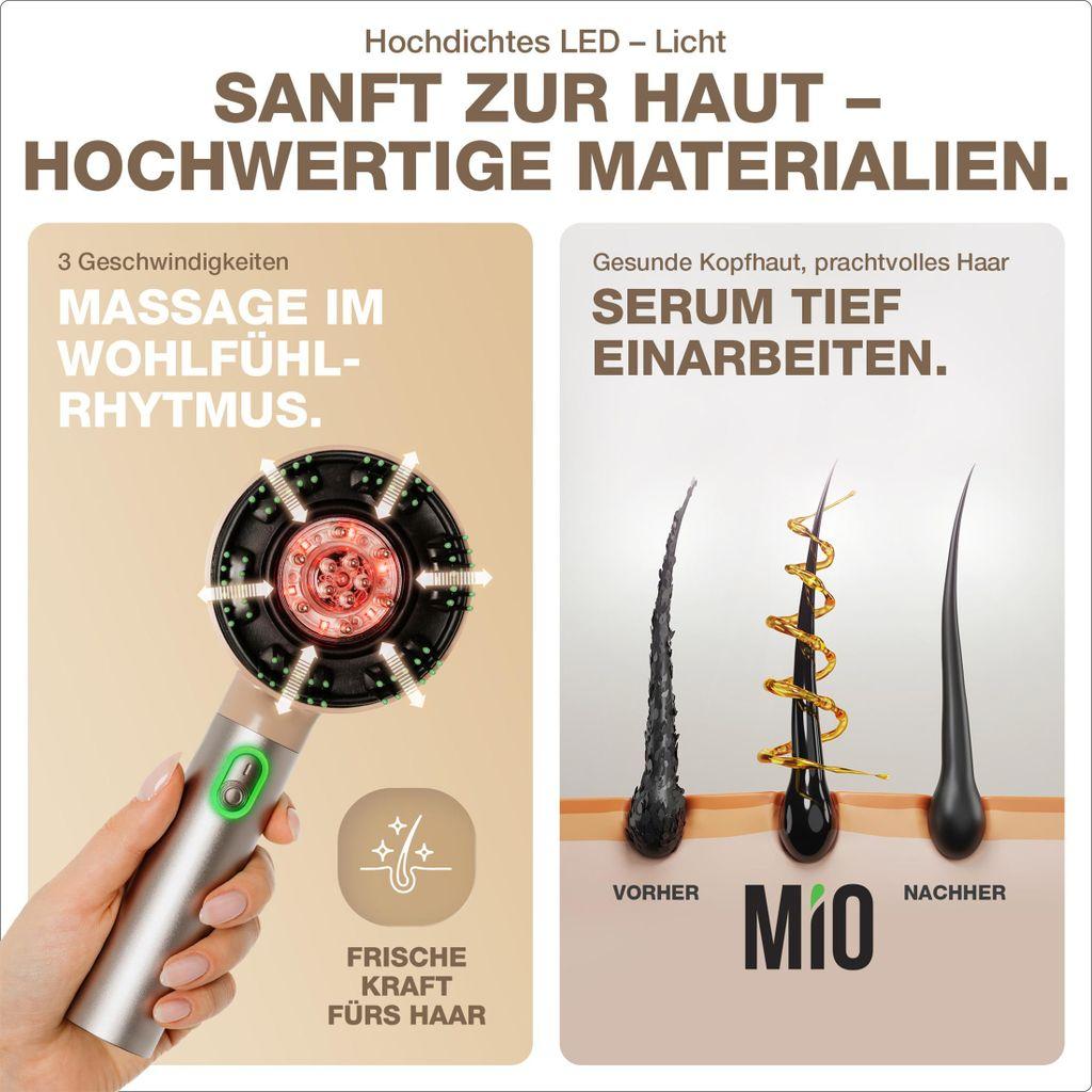 LED-Gerät für Kopfhautmassage und Haarpflege mit Serum-Anwendung.