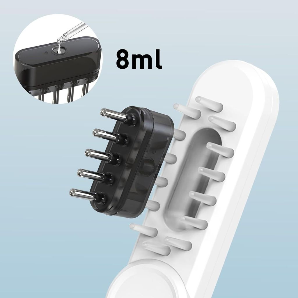 Ein schwarzer Kopfhautapplikator mit 8ml Füllstand und Metallspitzen.