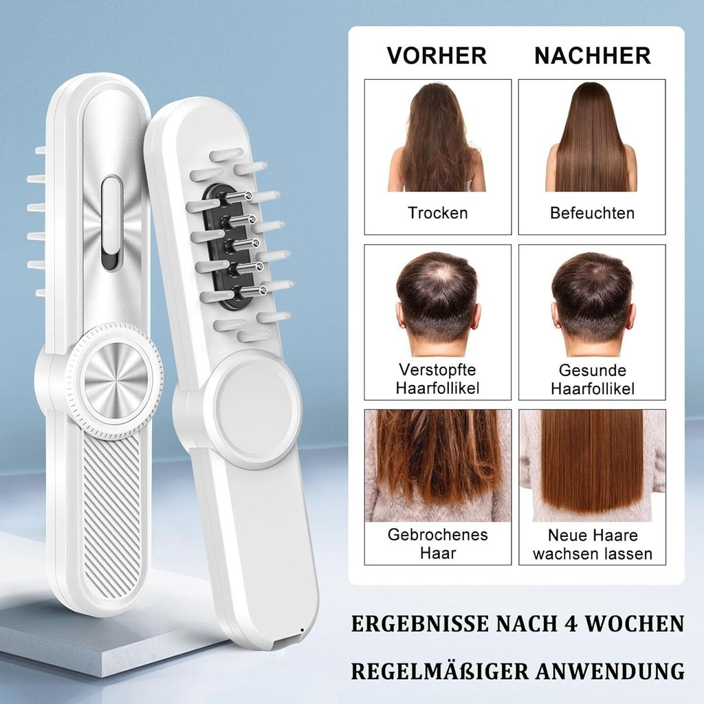 Ein weißes Haarwuchsgerät und Vergleichsbilder von Haaren vor und nach der Anwendung.