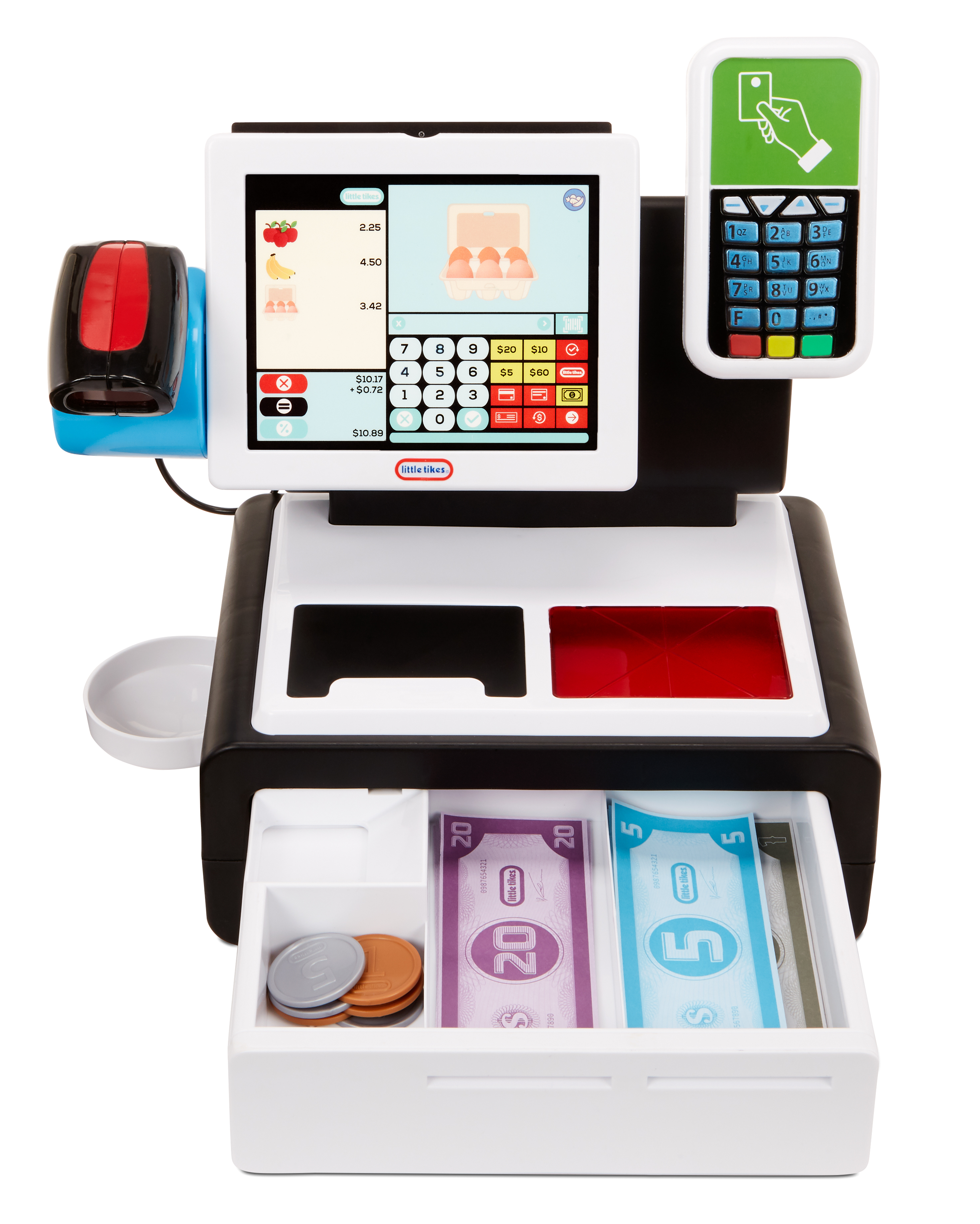 Spielzeugkasse mit Zubehör: Scanner, Kartenleser, Schublade mit Spielgeld und Münzen.