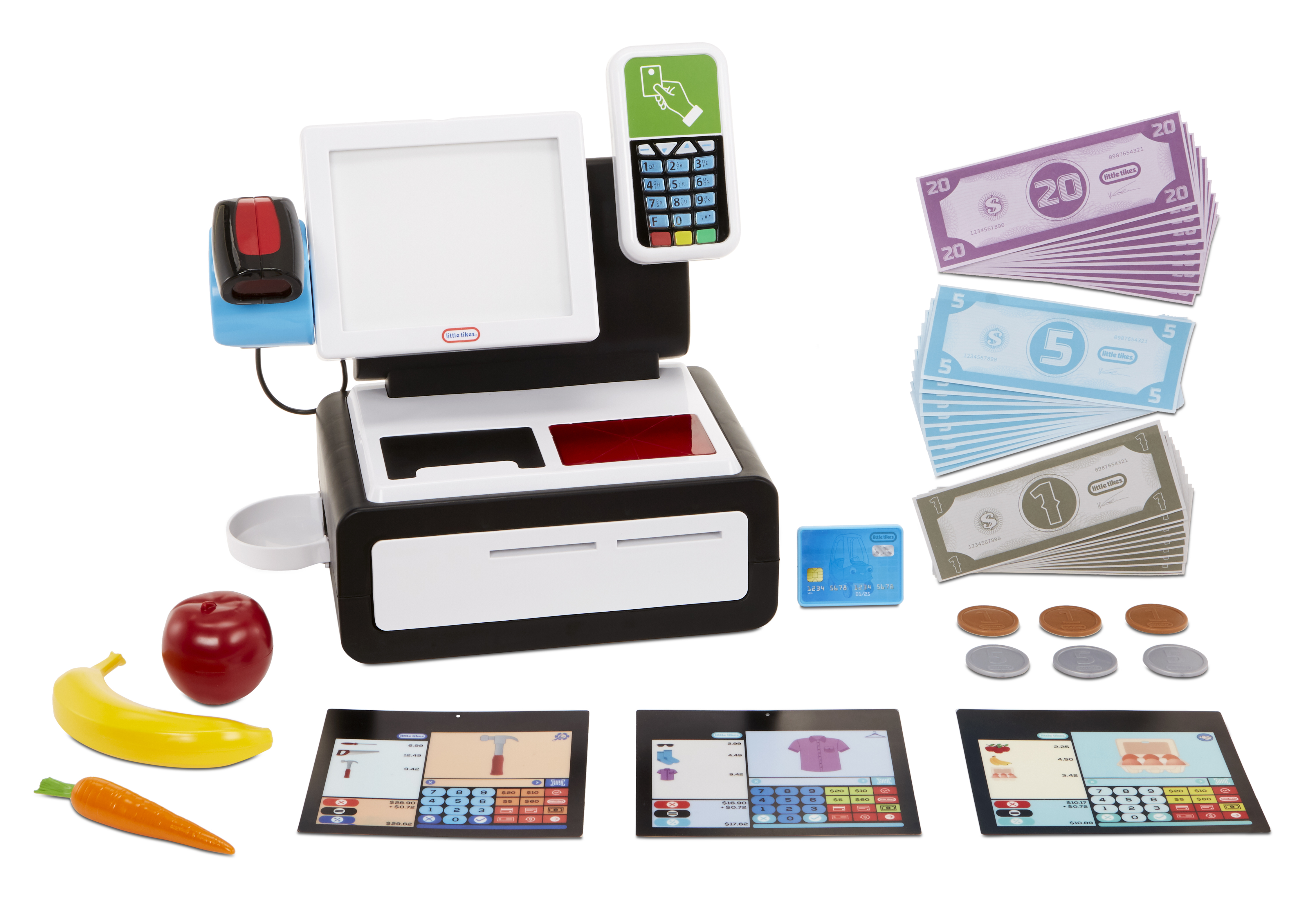 Spielzeugkasse mit Bargeld, Münzen, Kreditkarte, Obst und Tablets.