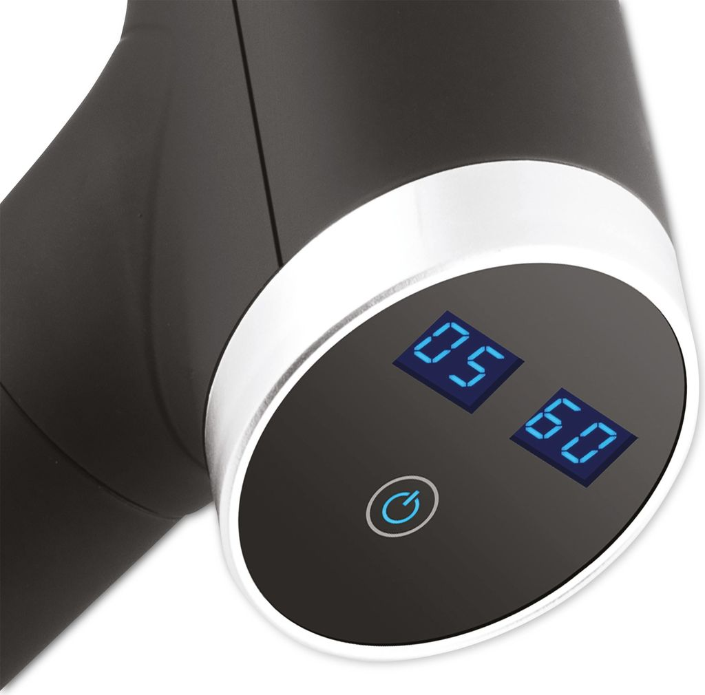 Schwarzes Massagegerät mit blauem Display zeigt 05 60 und Ein-Aus-Symbol.
