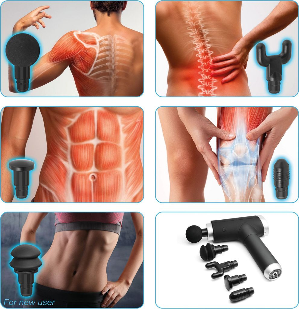 Massagepistole mit verschiedenen Aufsätzen für Muskeln, Rücken, Bauch und Knie.