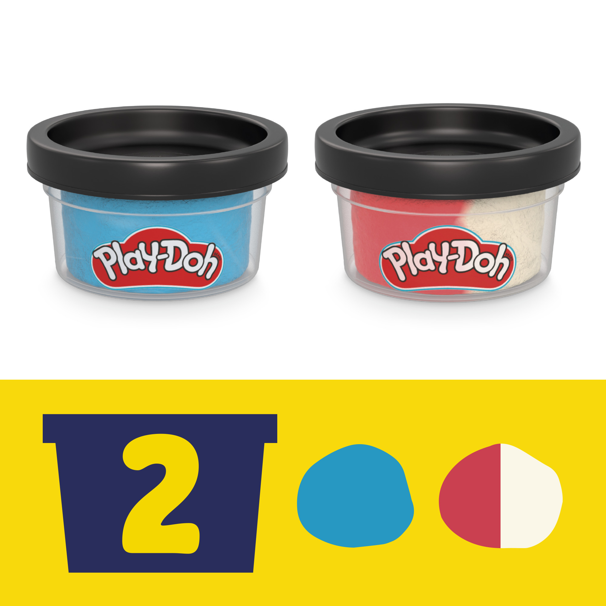 Dos recipientes Play-Doh, uno azul, uno rojo/blanco. Abajo, un 2 azul, un círculo azul, un círculo rojo/blanco.