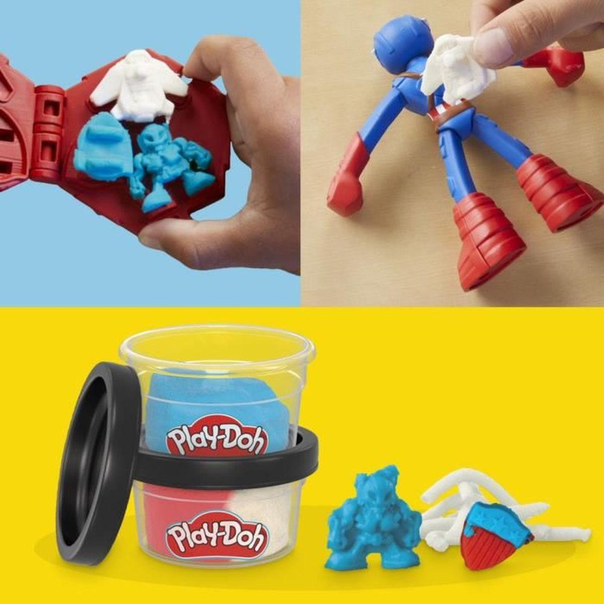 Figuras y recipientes de Play-Doh: masa azul y blanca con herramientas.