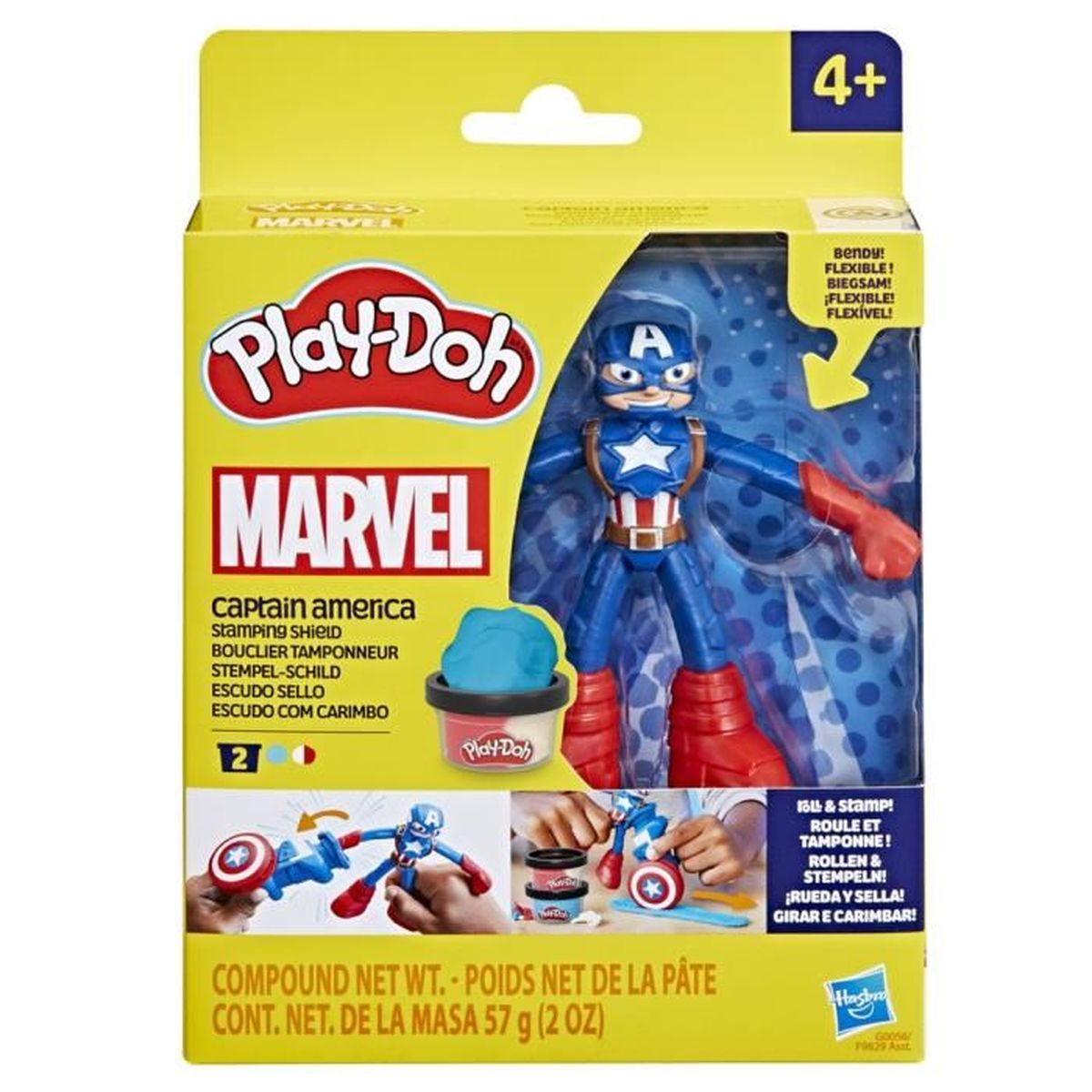 Play-Doh Marvel Capitán América Set Sello Estampador con figura y masa azul.