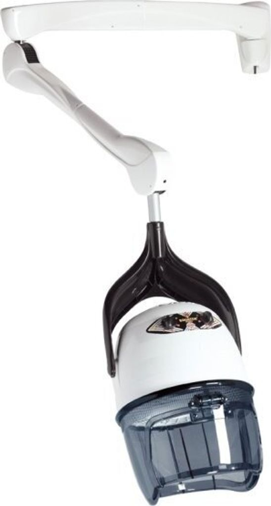 Ein weißer Haartrockner mit verstellbarem Arm und dunkler Kappe.