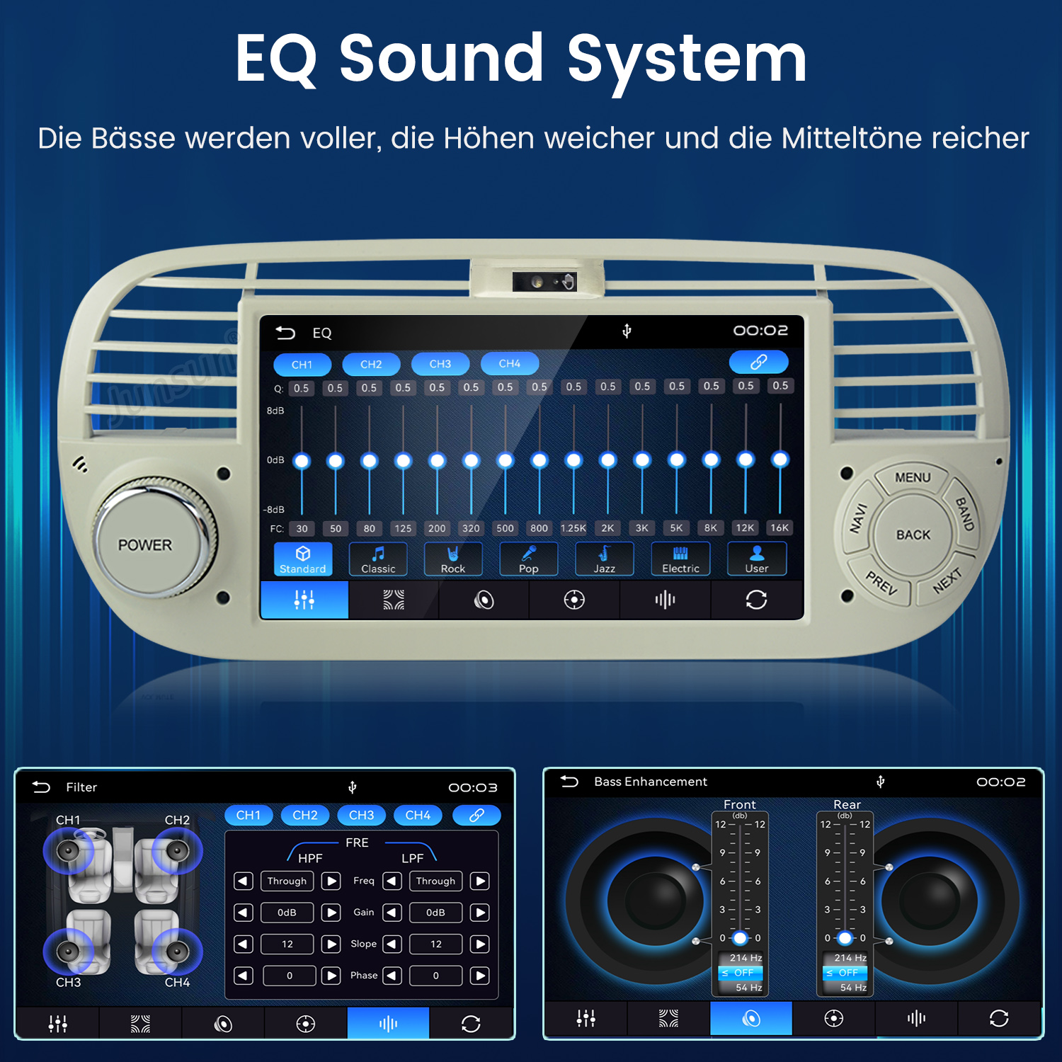 Auto-Infotainmentsystem mit EQ-Einstellungen, Filter und Bass-Anzeige.