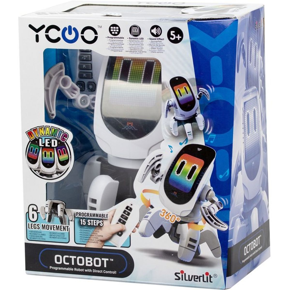 Scatola robot giocattolo Octobot con LED dinamici, 6 gambe, funzioni programmabili e telecomando.