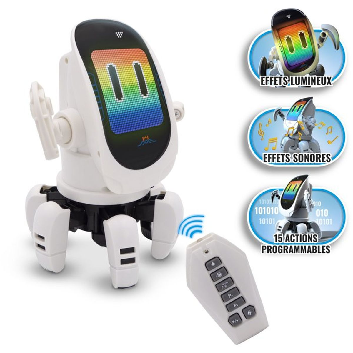 Un robot bianco con una faccia schermo colorata e un telecomando.