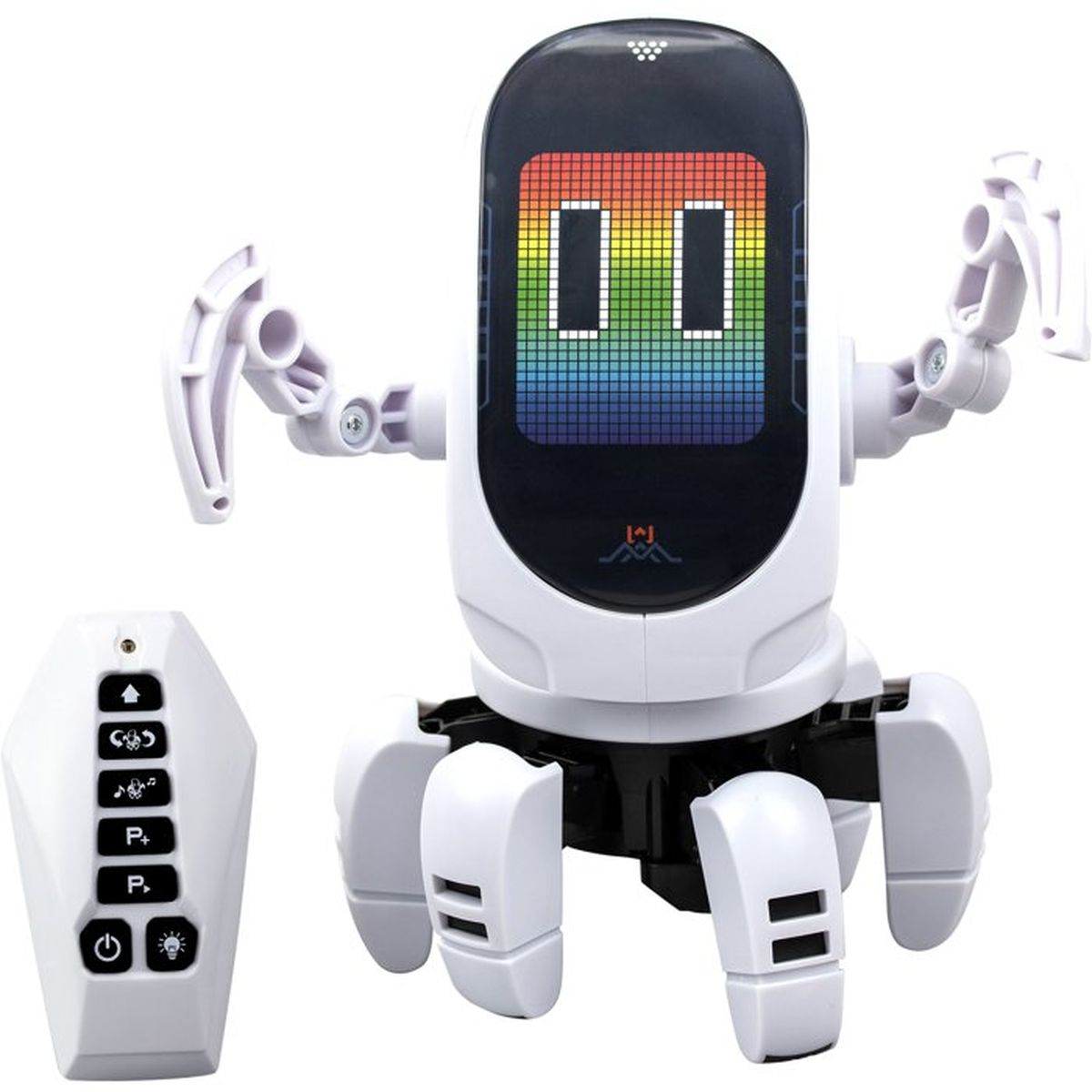 Un robot bianco con schermo arcobaleno e telecomando.