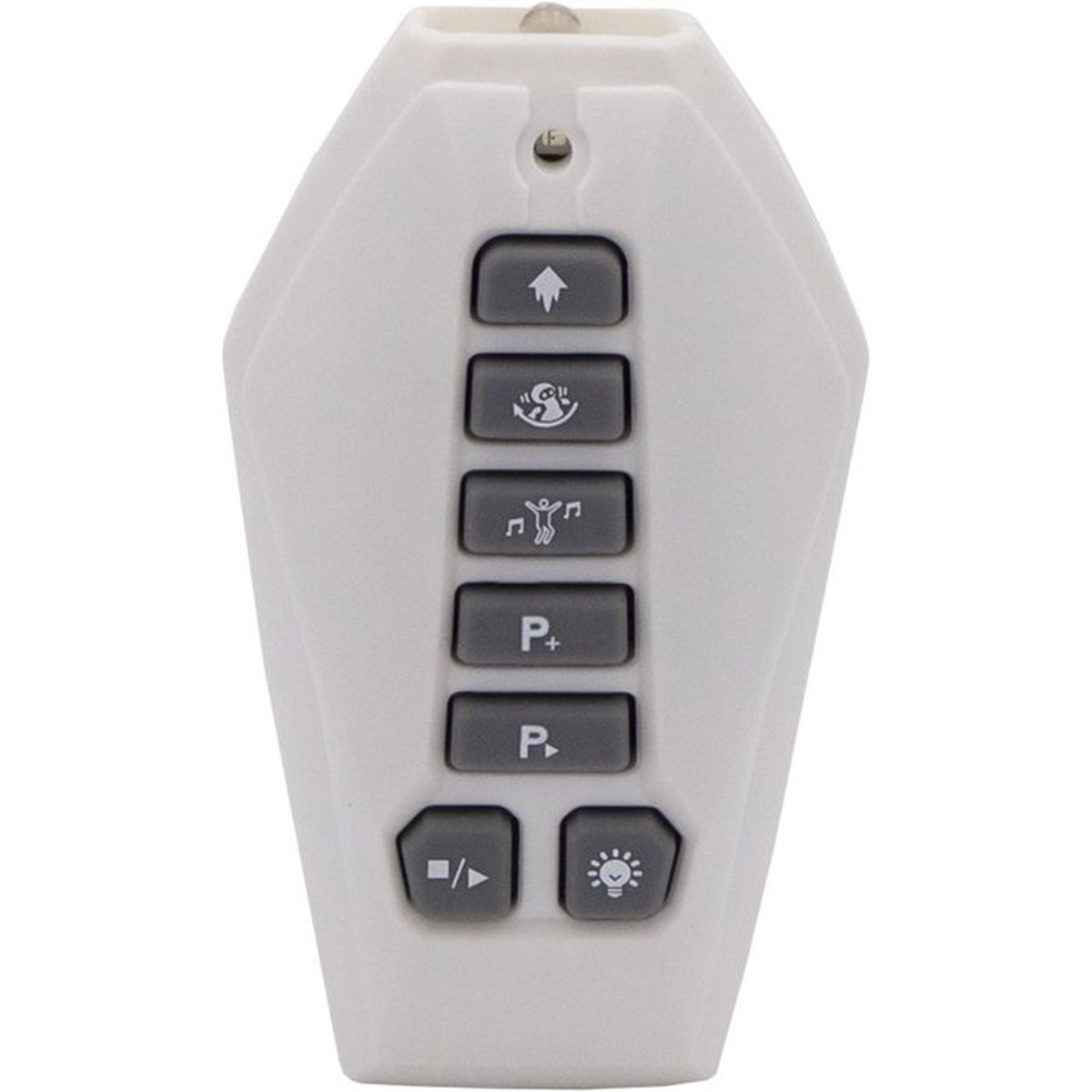 Un telecomando bianco con sei pulsanti e simboli.