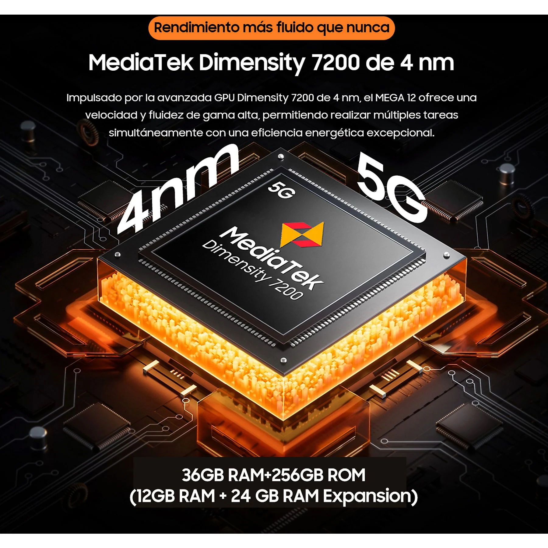 Chip MediaTek Dimensity 7200 con 4nm, 5G, 36GB RAM e 256GB ROM.
