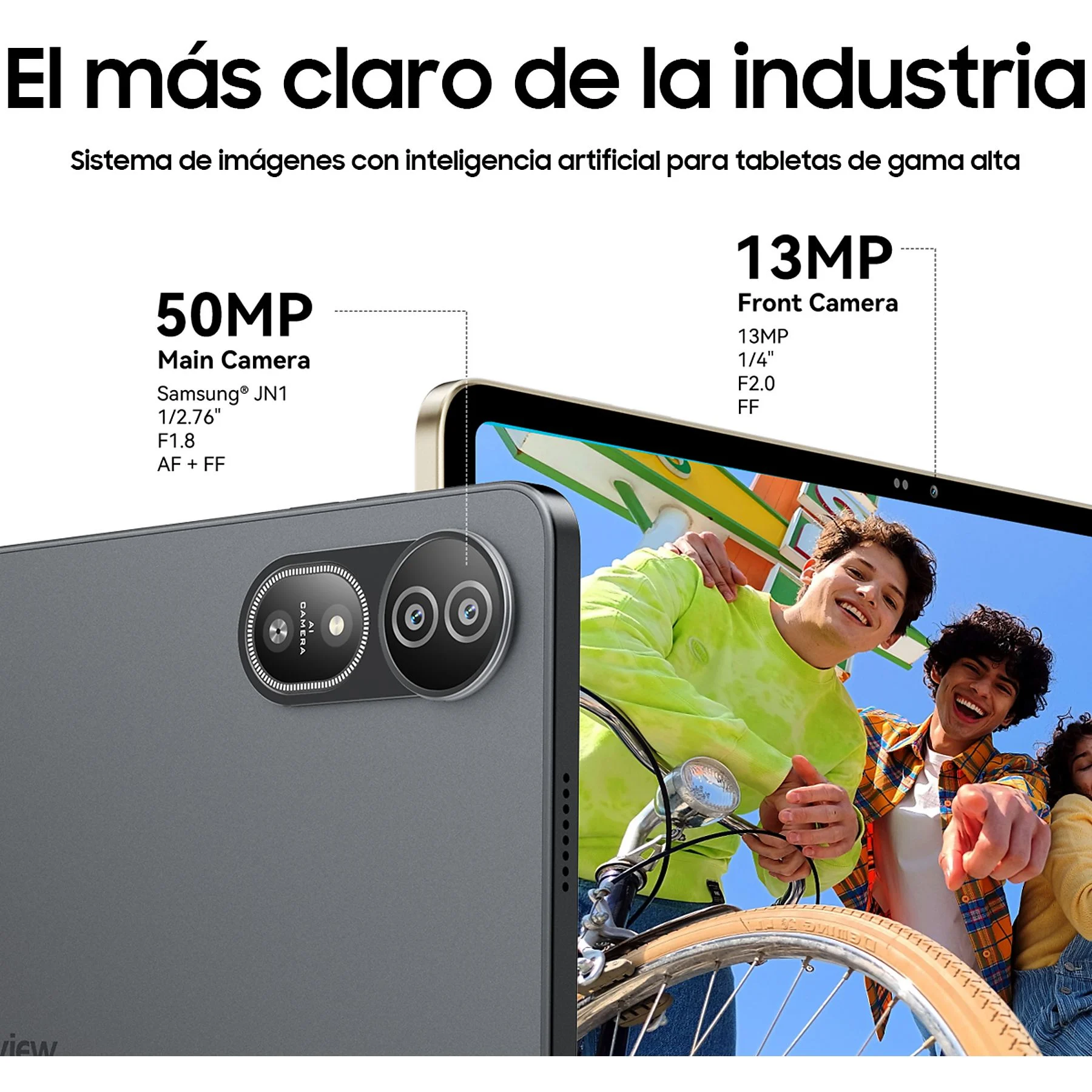 Un tablet con fotocamera principale da 50MP e frontale da 13MP, con giovani e una bicicletta.