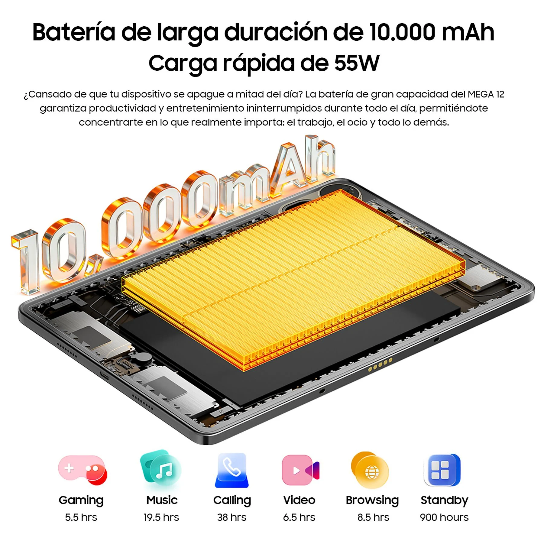 Uno smartphone con batteria da 10.000 mAh, ricarica rapida 55W e icone d'uso.