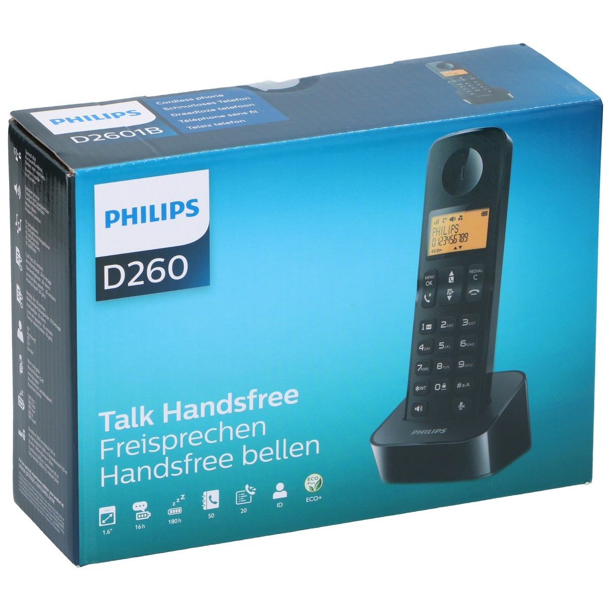 Philips D260 cordless phone box with handset on charger. Features talk handsfree, 1.6" screen.