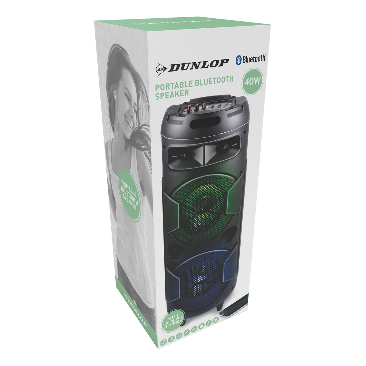 Dunlop portable Bluetooth speaker box with image of woman and speaker.