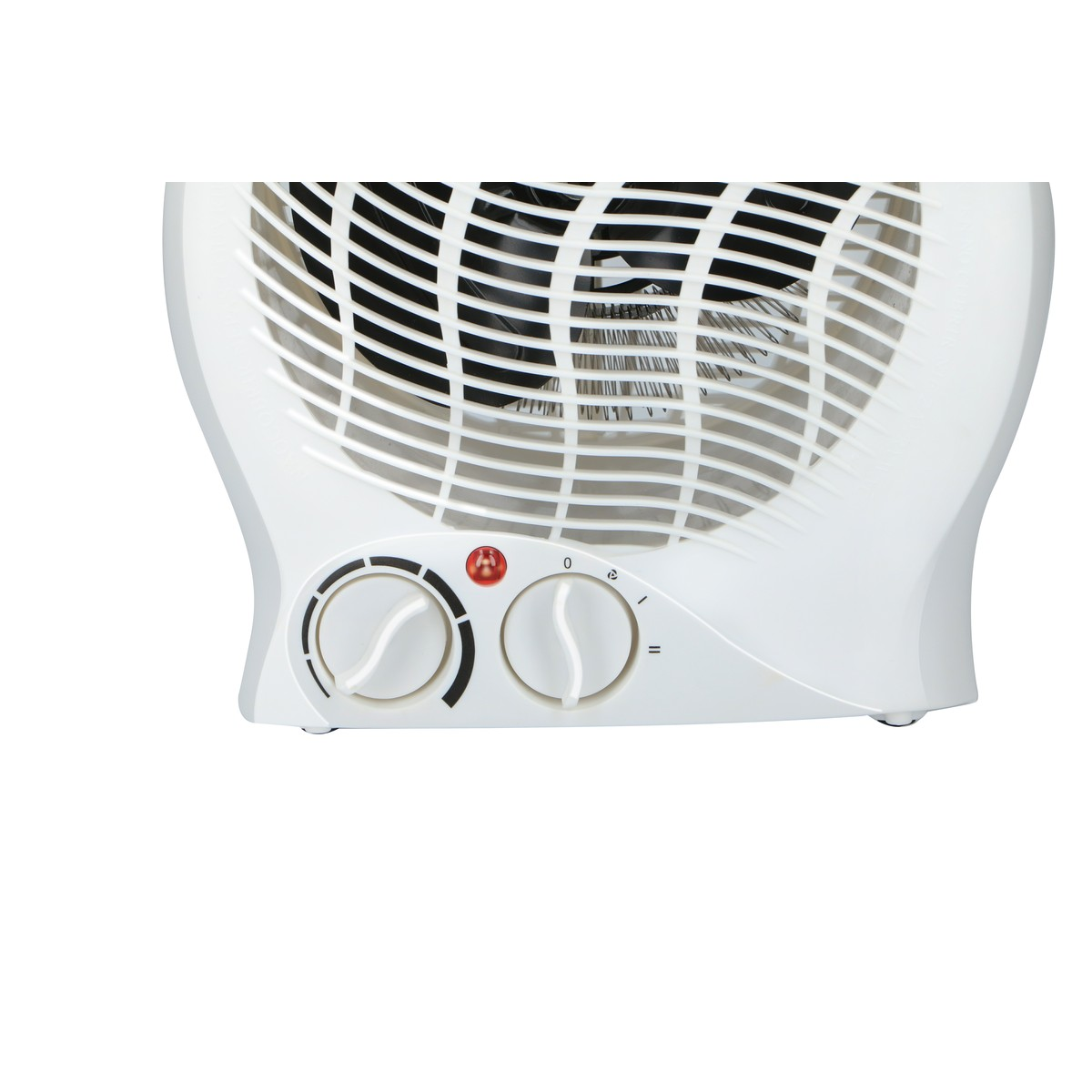 A white fan with two control knobs and a red indicator light.