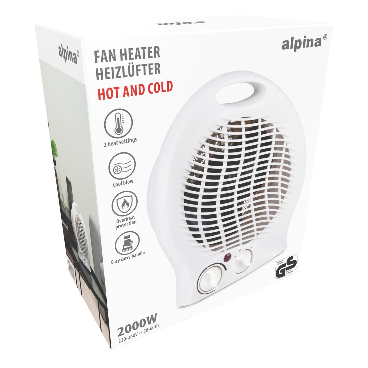 A white Alpina fan heater with a grille, controls, and GS safety mark.