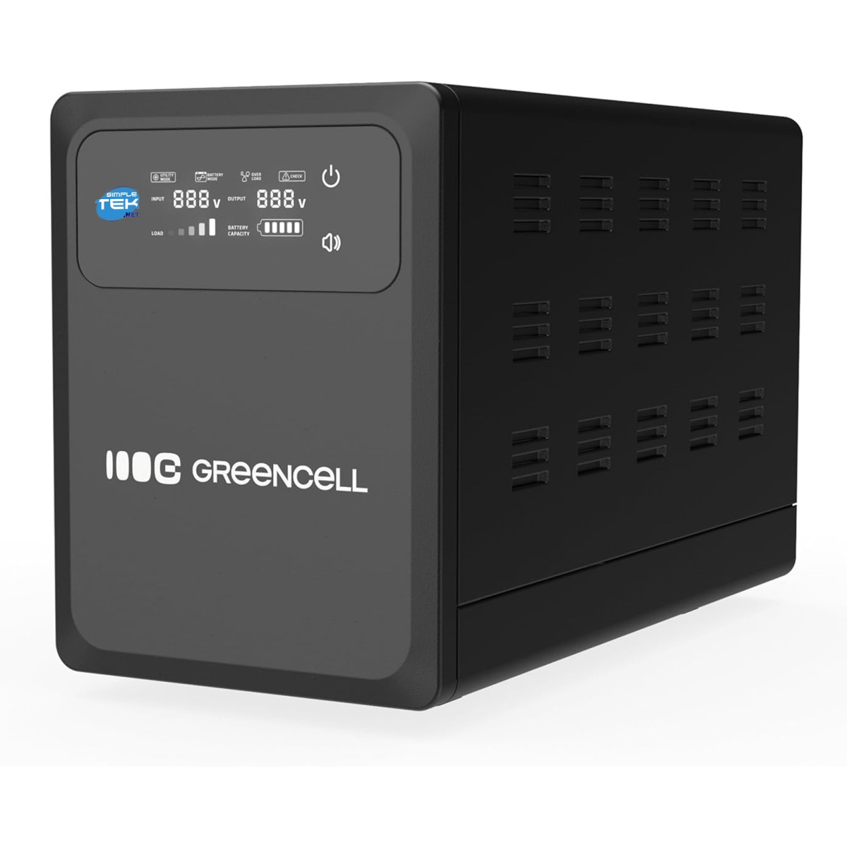 Gruppo di continuità nero con display digitale che mostra tensione di ingresso/uscita e stato batteria.