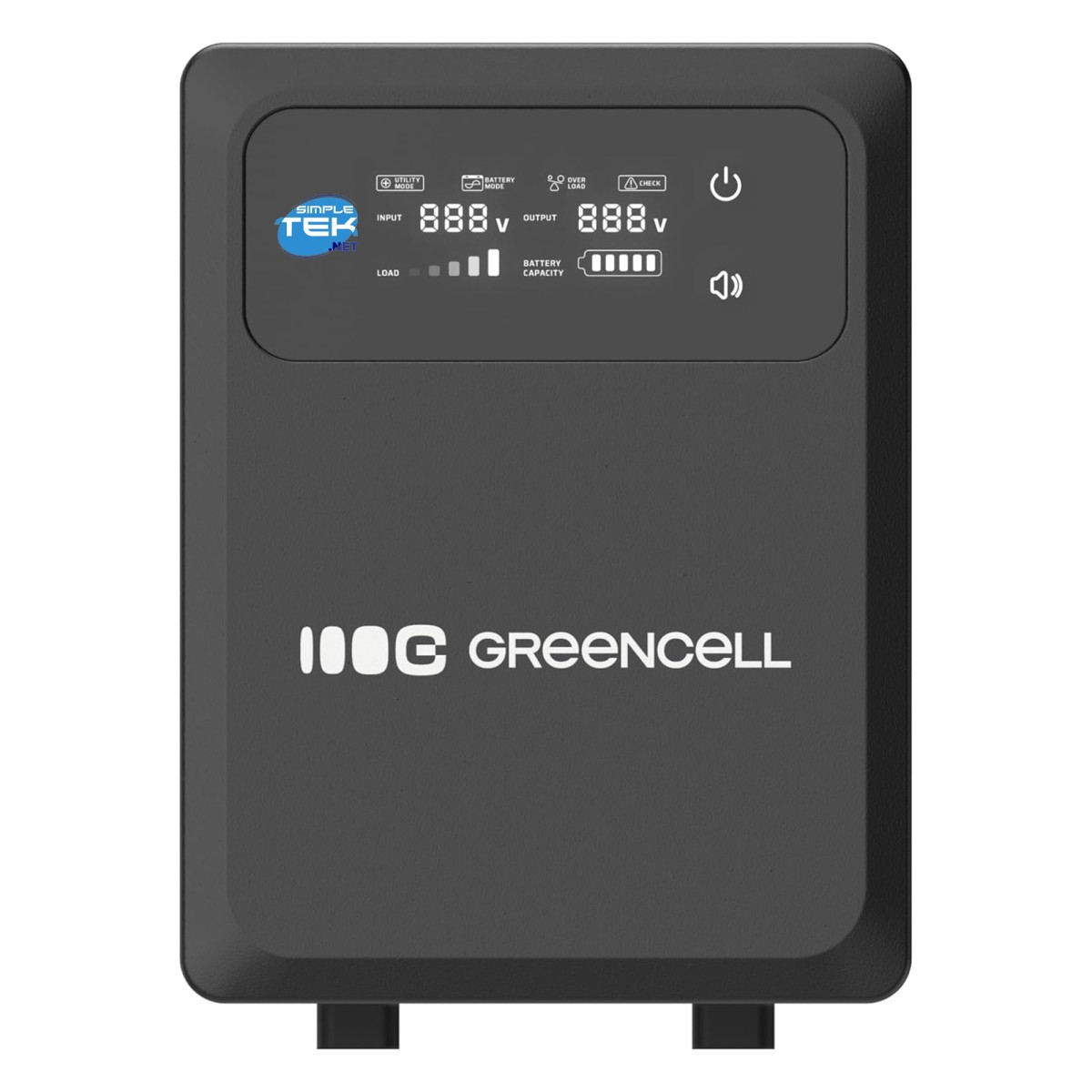 UPS Greencell nero con display digitale che mostra tensione ingresso/uscita, carico e capacità batteria.