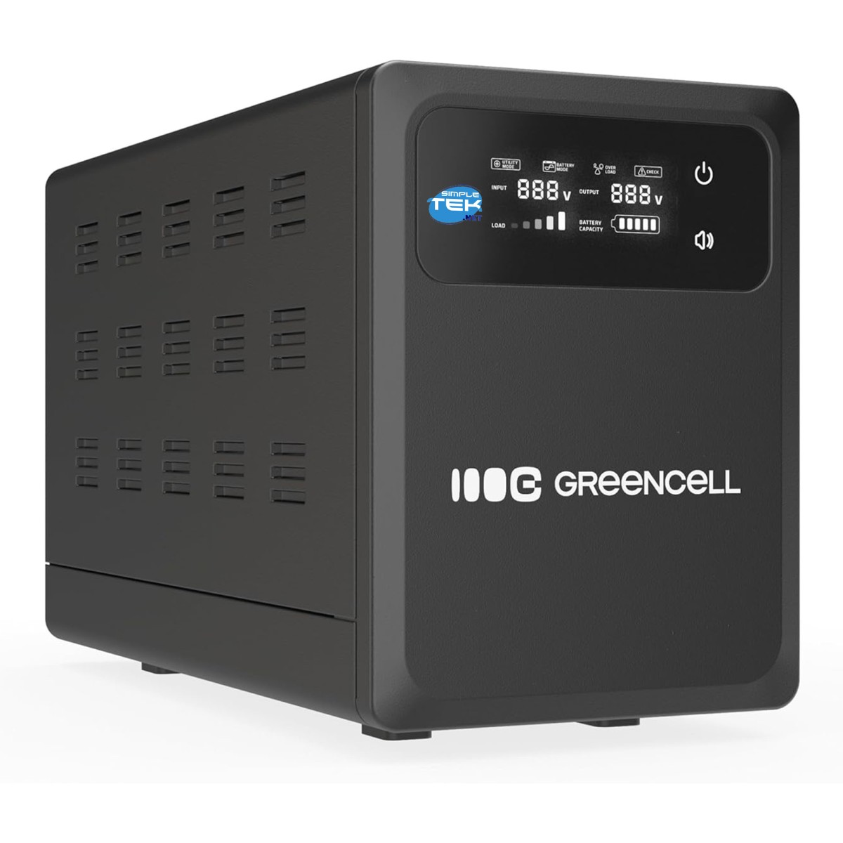 Unità UPS nera con display digitale che mostra tensione di ingresso e uscita, carico e stato della batteria.