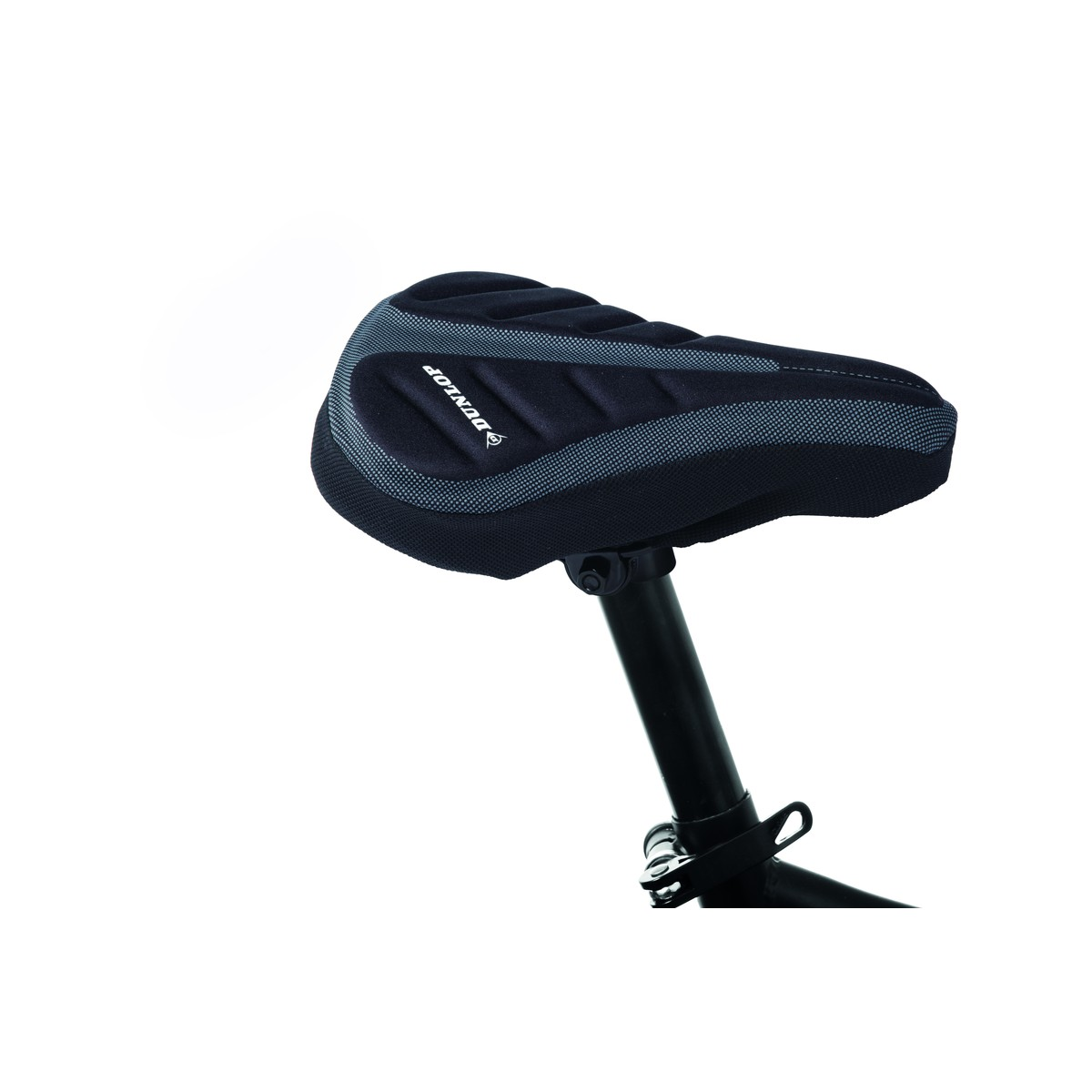 Gepolsterde zwarte fietszadelhoes met Dunlop-logo op witte achtergrond.