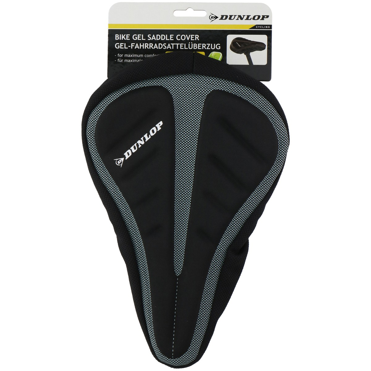 Zwarte Dunlop fietstoebehoren zadelhoes met gelkussen en reflecterende strips.