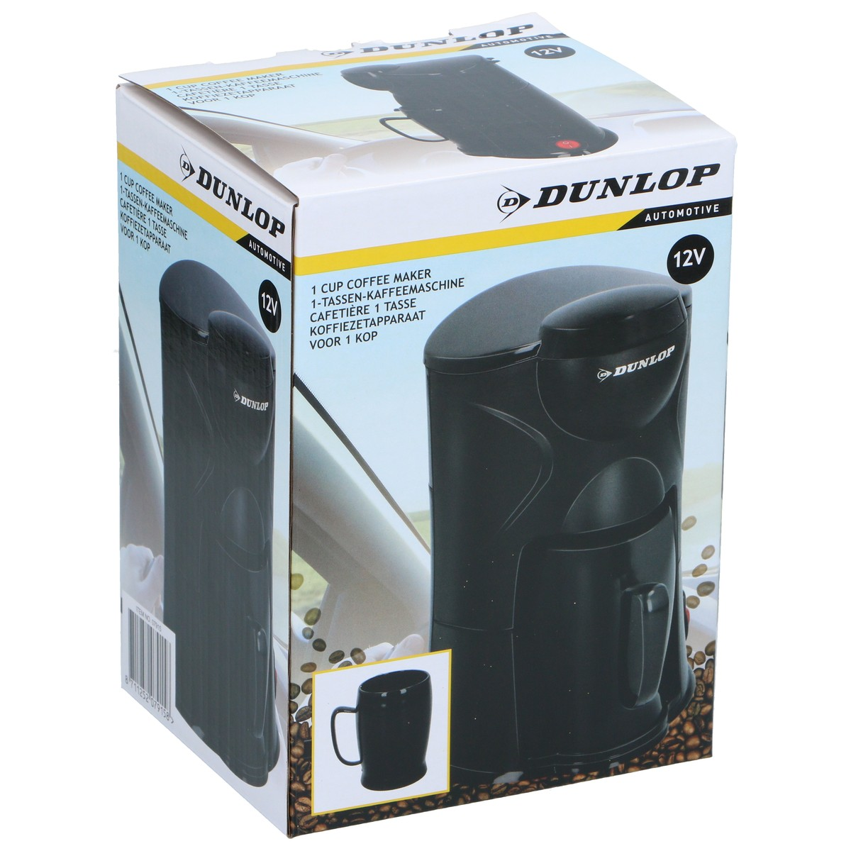 Box for a black Dunlop 12V automotive coffee maker.