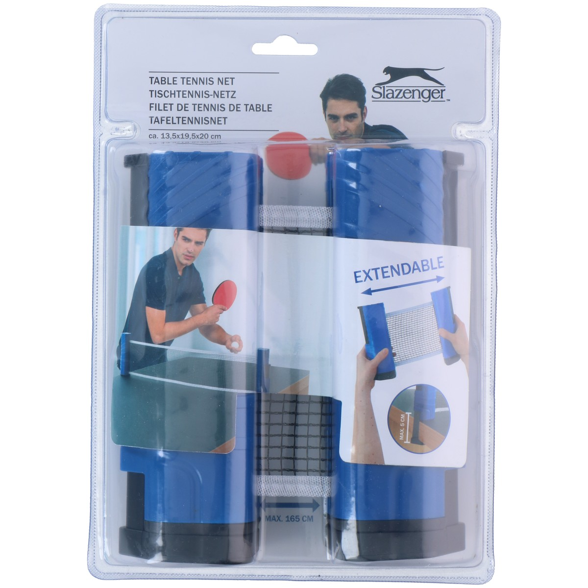 Confezione rete da ping pong estensibile Slazenger con supporti blu.