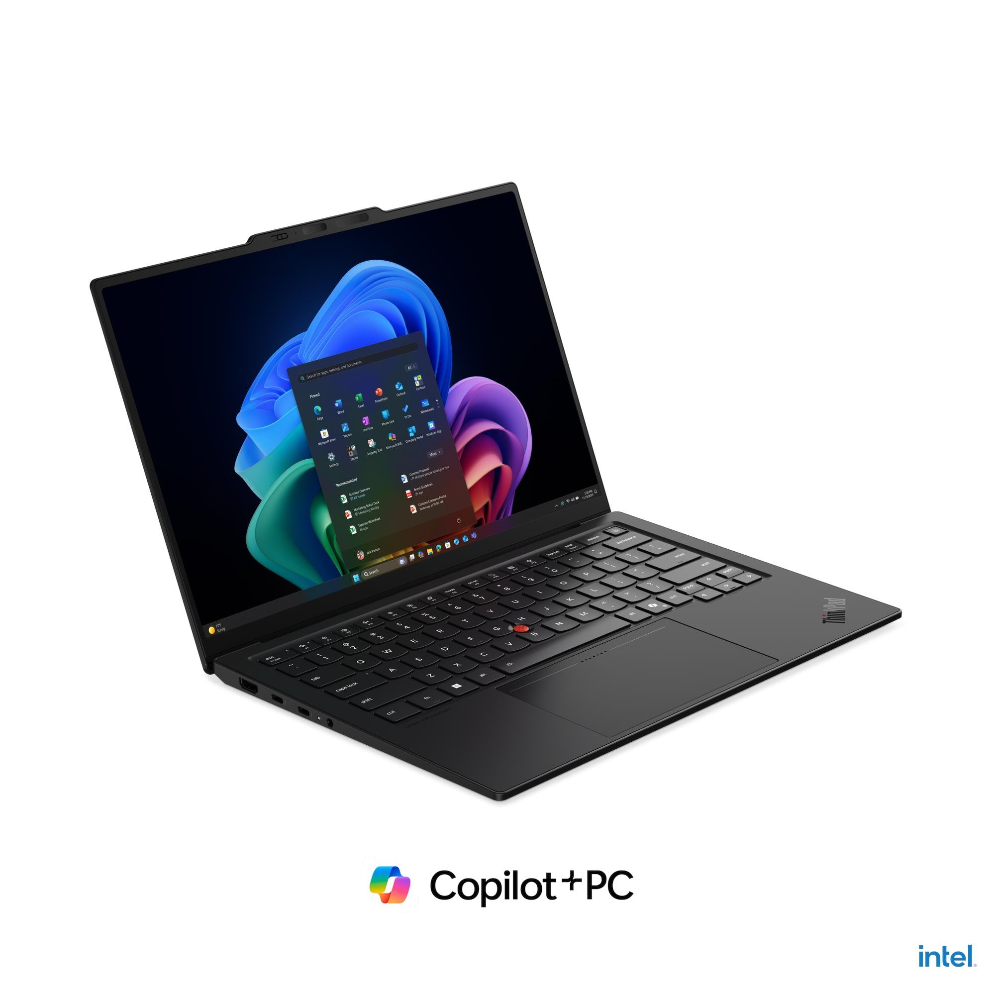 Laptop nero con schermo illuminato che mostra app Windows. Logo Copilot+PC.