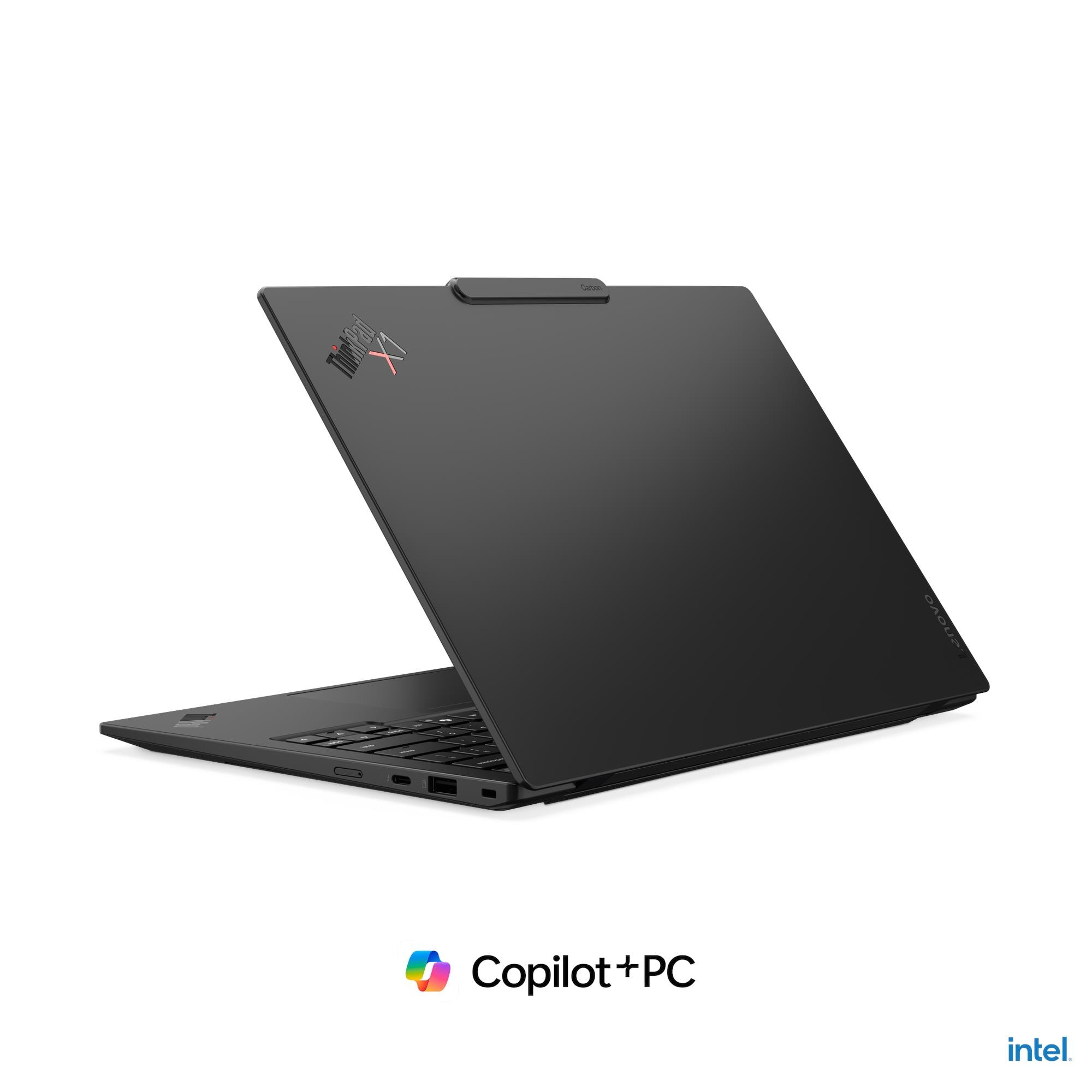 Un laptop nero con logo ThinkPad X1, aperto su sfondo bianco.