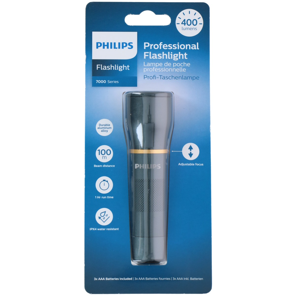 Embalaje de una linterna Philips con 400 lúmenes y 100m de alcance.