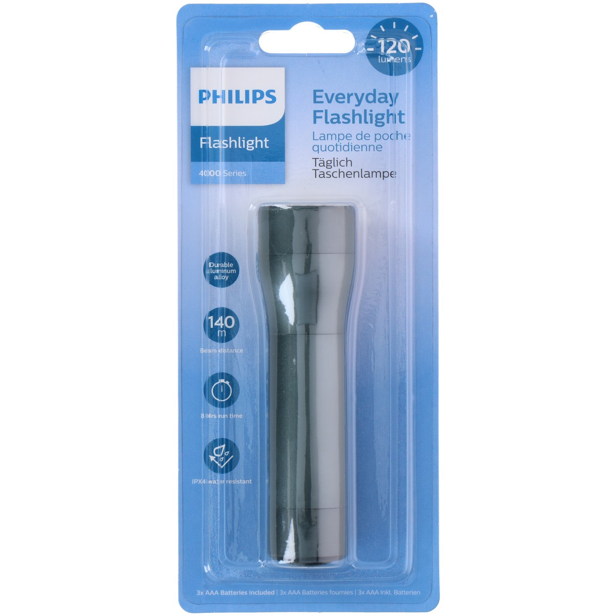 Torcia Philips in confezione con 120 lumen, 140m di fascio, IPX4.